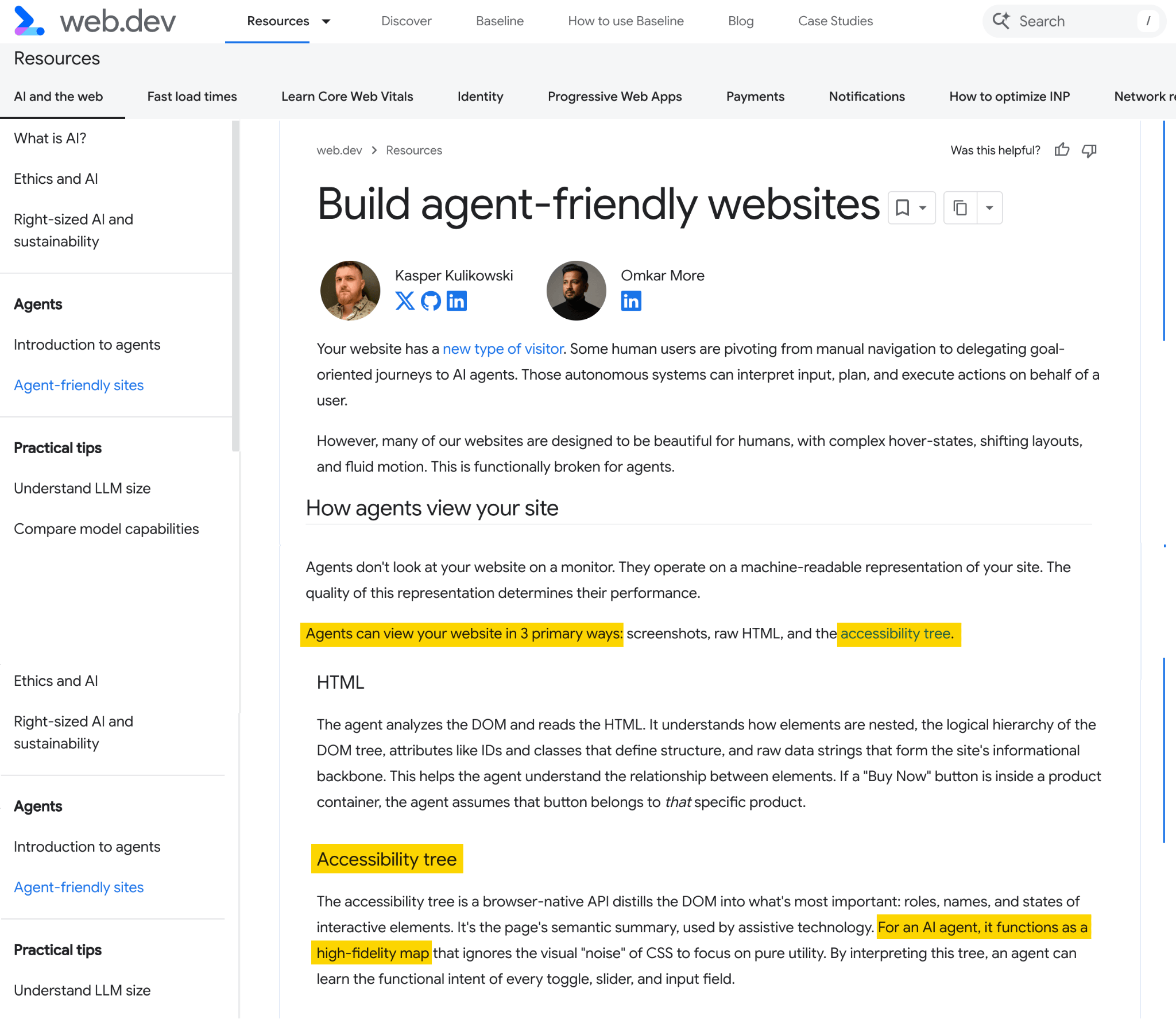 Un artículo de web.dev titulado "Build agent-friendly websites", que detalla cómo los agentes de IA interactúan con los sitios web.