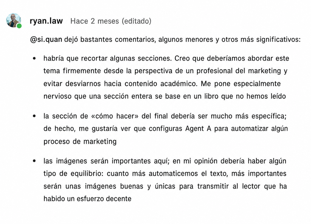 Un comentario de ryan.law a @si.quan con tres puntos de retroalimentación en viñetas sobre contenido, especificidad e imágenes.