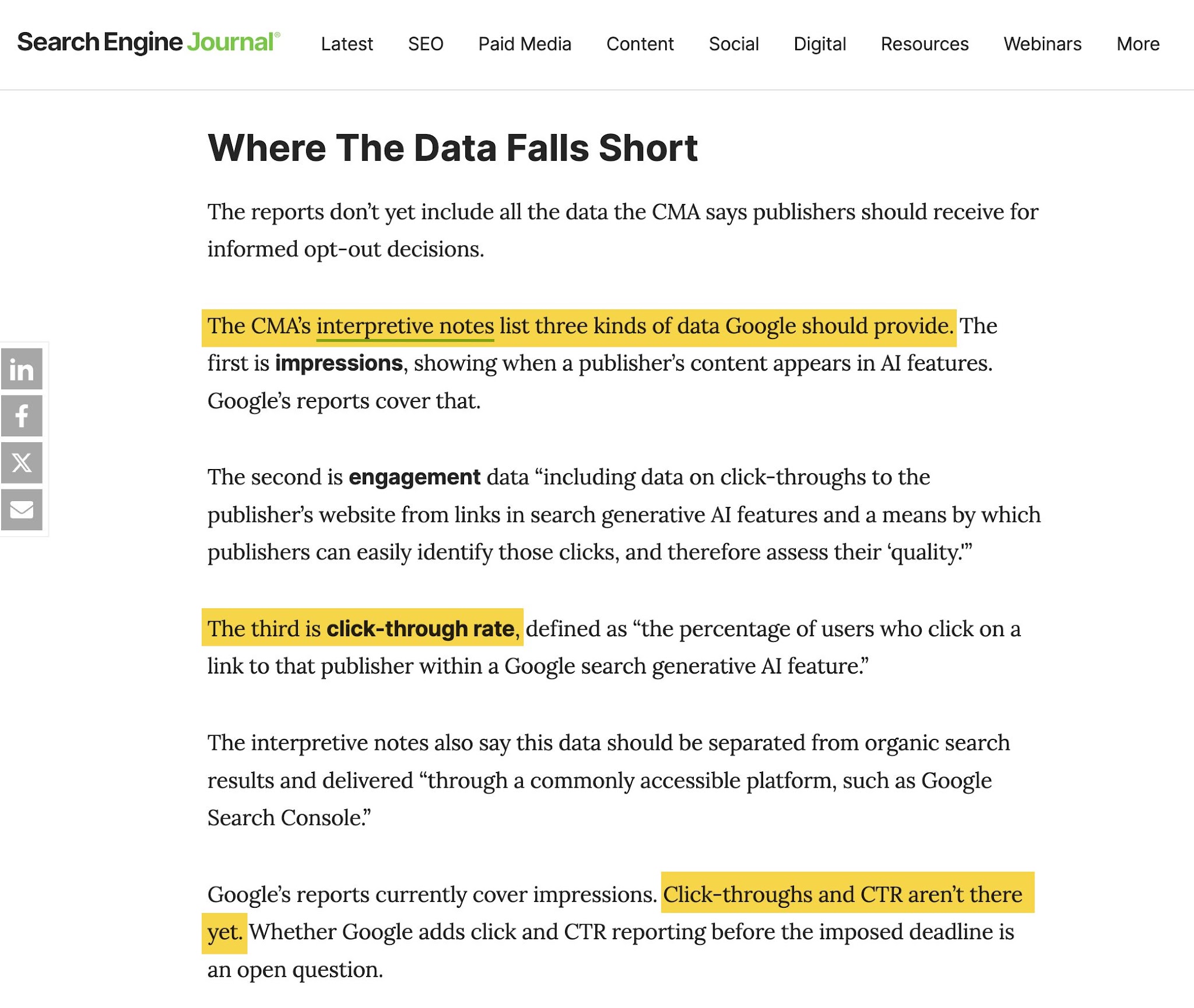 Una captura de pantalla de un artículo de Search Engine Journal titulado "Where The Data Falls Short", que describe tres tipos de datos que Google debería proporcionar.