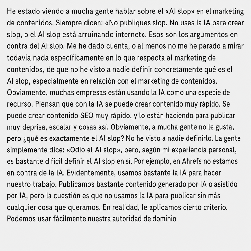 Una captura de pantalla de un texto discutiendo el concepto de "contenido basura de IA" en marketing de contenidos y su definición.