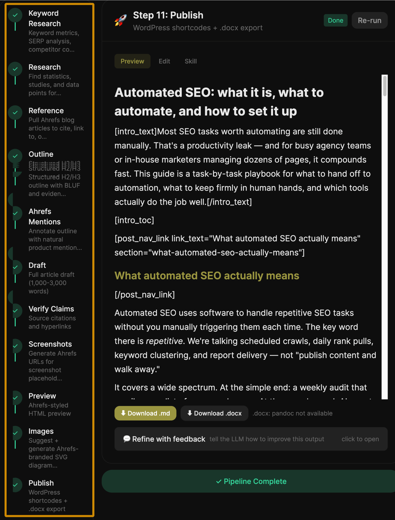 Una plataforma de contenido digital que muestra una barra lateral de flujo de trabajo (desde Keyword Research hasta Publicar, todos los pasos completados) y un área de vista previa de contenido.