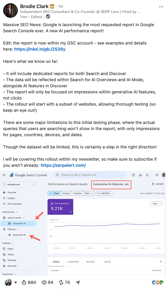 Una publicación en LinkedIn de Brodie Clark anunciando el nuevo informe de rendimiento de IA de Google Search Console, con una captura de pantalla.