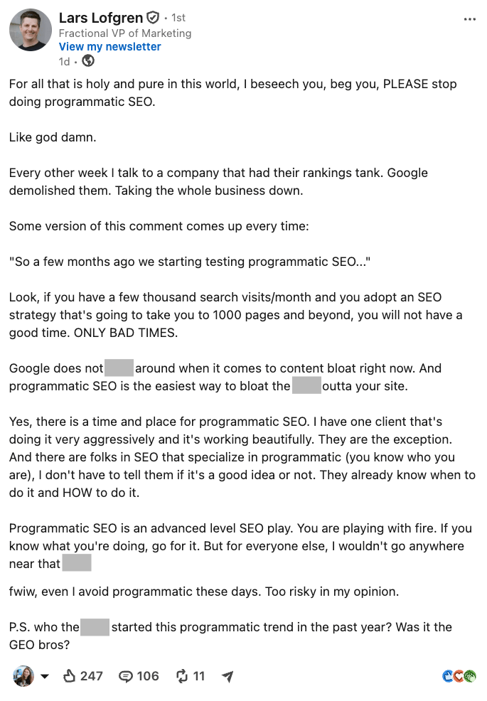 Una publicación en LinkedIn de Lars Lofgren, Fractional VP of Marketing, advirtiendo en contra del SEO programático.