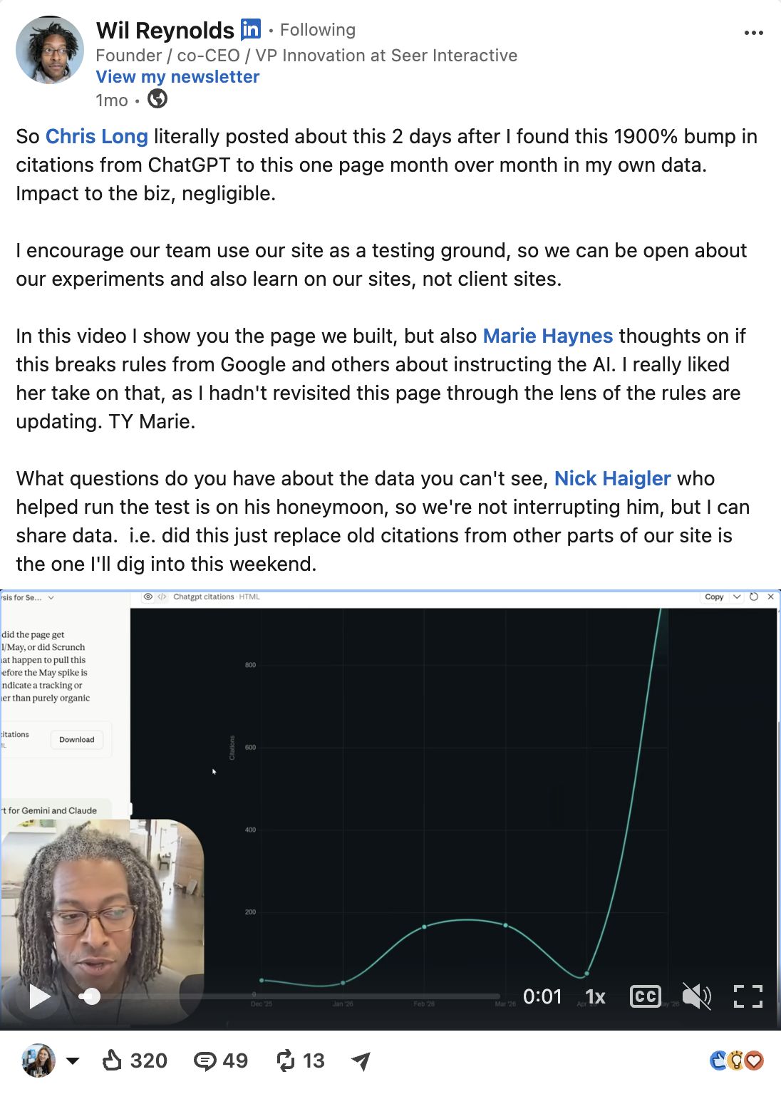Una publicación en LinkedIn de Wil Reynolds mostrando un gráfico de citas de ChatGPT con un gran pico en abril, y un vídeo de él hablando.