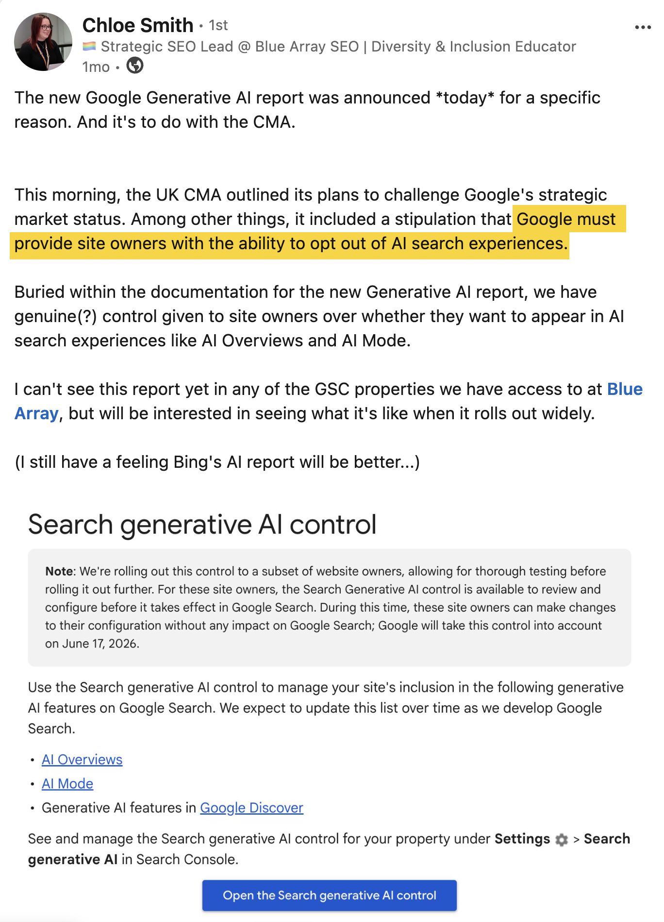 Una publicación en LinkedIn sobre Google dando a los propietarios de sitios web la capacidad de optar por no participar en las experiencias de búsqueda con IA.