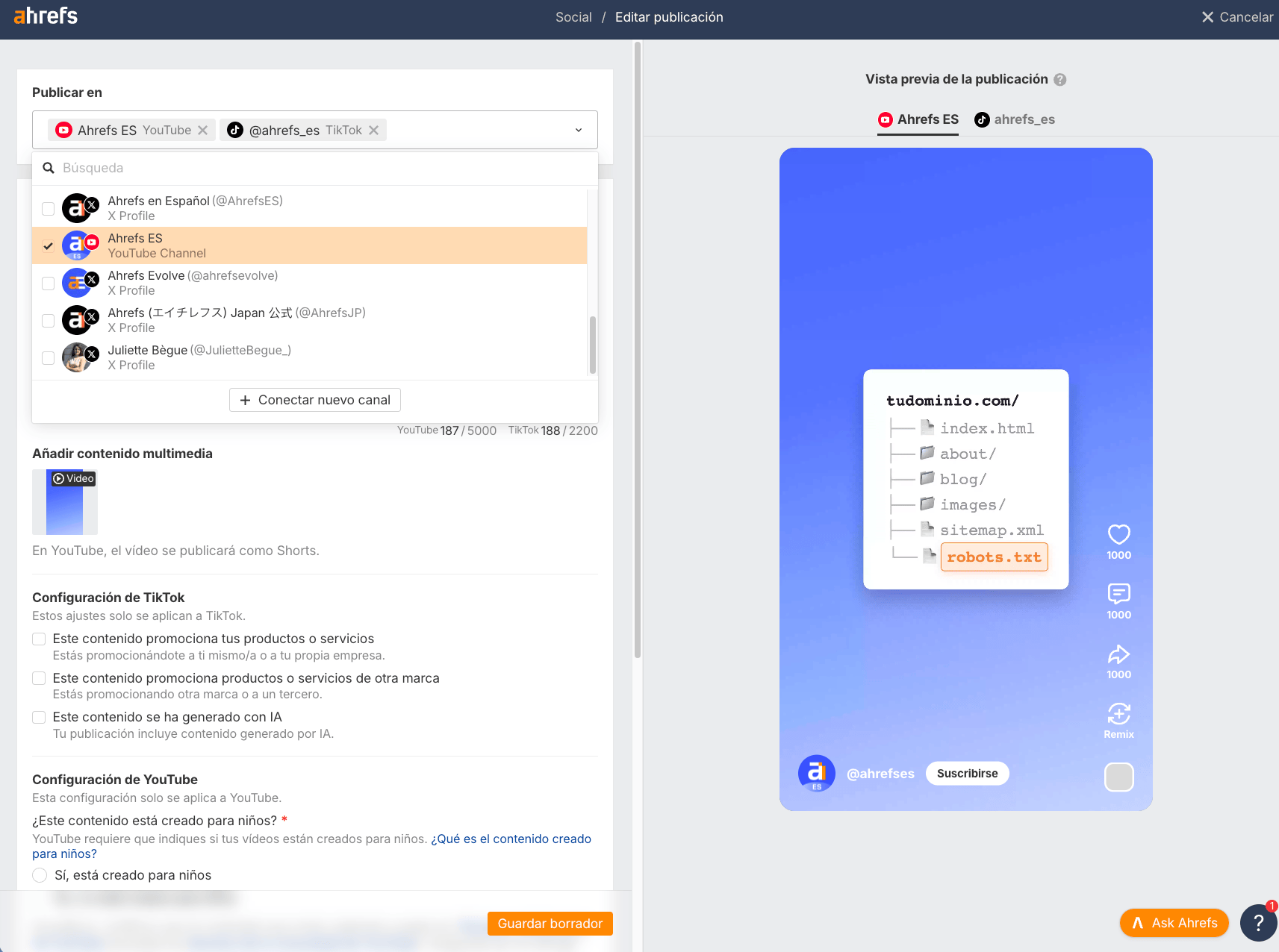 Youtube Shorts en Social Media Manager de Ahrefs