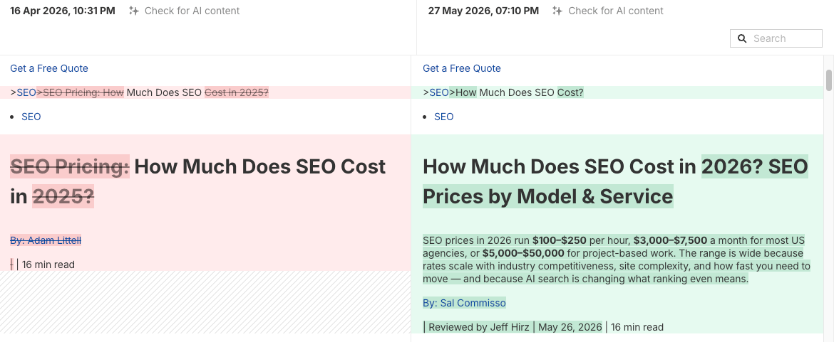 Artículo de un competidor sobre precios de SEO actualizado con datos de 2026