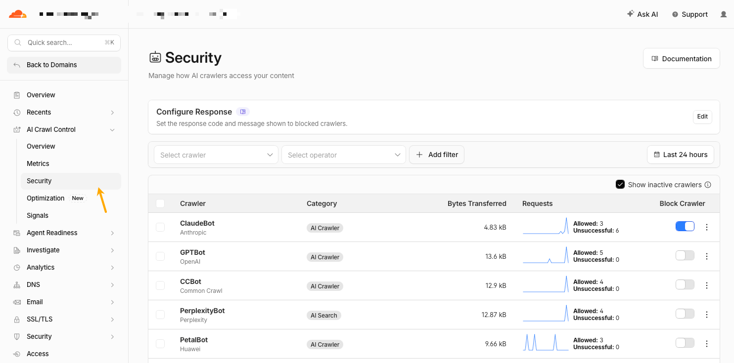 Configuración de seguridad de AI Crawl Control de Cloudflare para bloquear rastreadores de IA