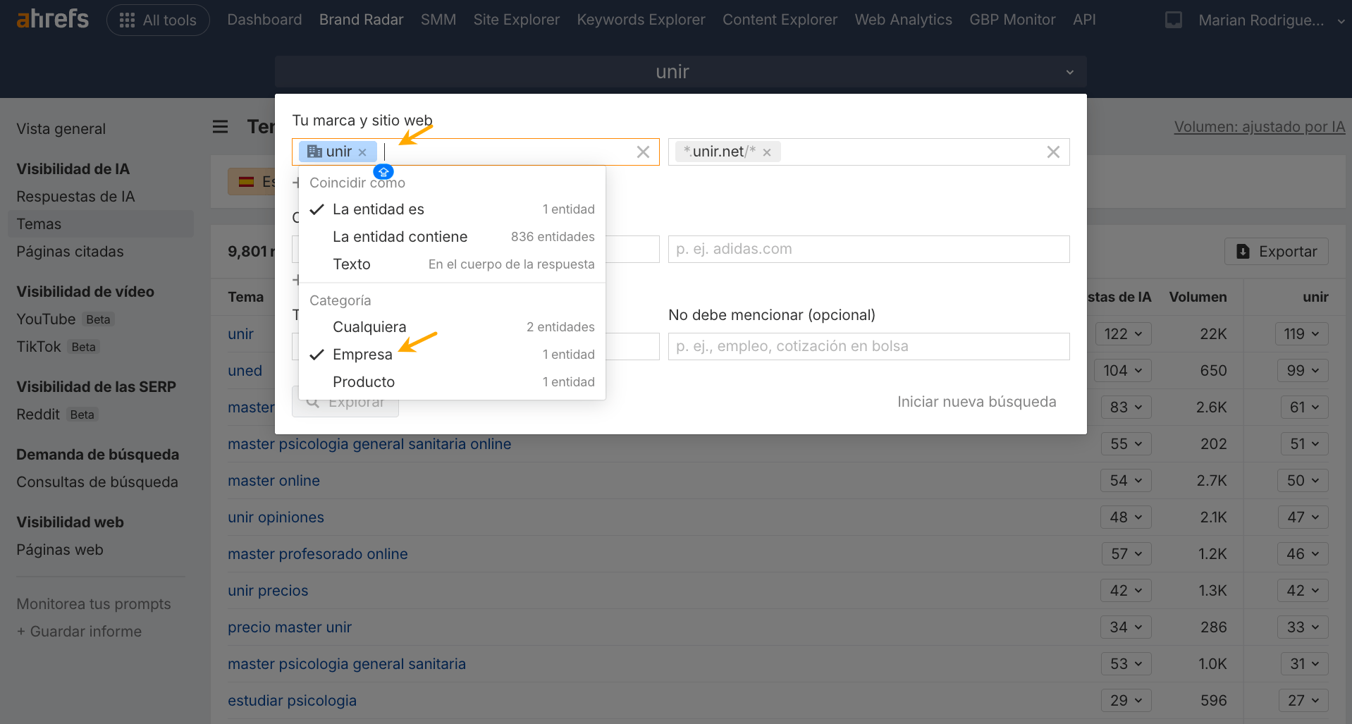 Detección de entidades en Brand Radar