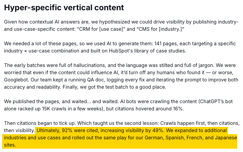 Extracto del caso de estudio de HubSpot sobre contenido vertical hiperespecífico