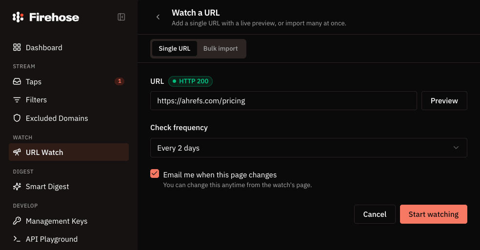 Firehose URL Watch configurado para monitorizar una página de precios