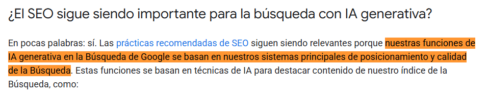 Guía de Google indicando que las funciones de búsqueda por IA dependen de los sistemas principales de clasificación de búsqueda