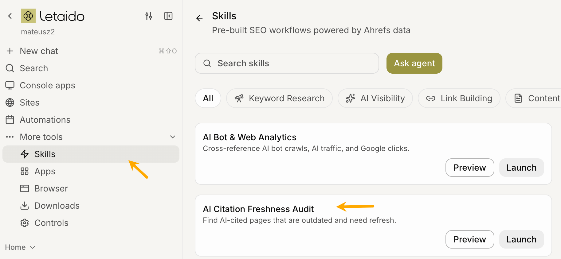 Página de skills de Letaido mostrando la AI Citation Freshness Audit