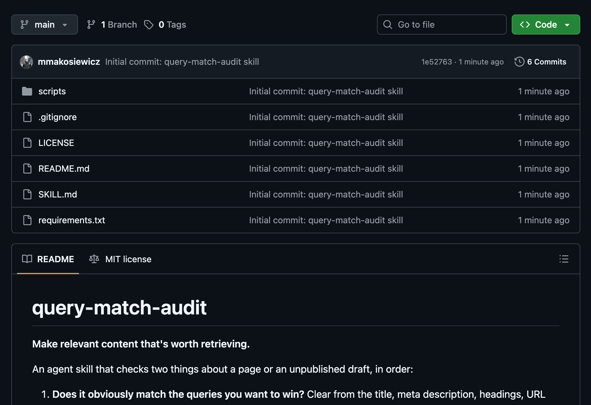 Repositorio de GitHub para la skill del agente query-match-audit