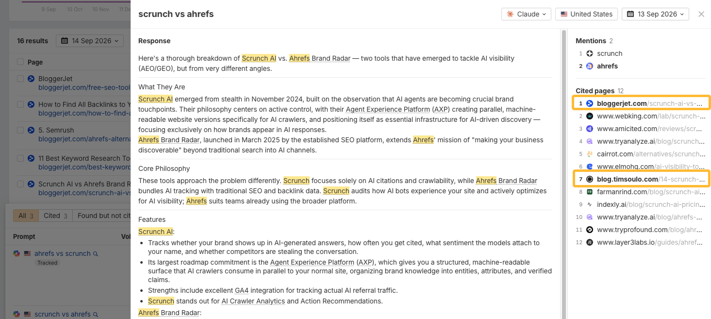 Respuesta de IA en Brand Radar de Ahrefs citando páginas de comparación con la competencia