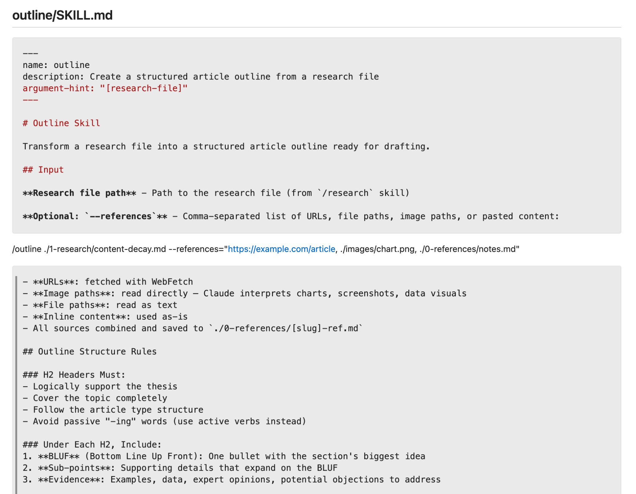 Una captura de pantalla de un archivo markdown que esboza una habilidad llamada 'esquema'. Detalla la entrada, la salida y las reglas de estructura para los esquemas de artículos.