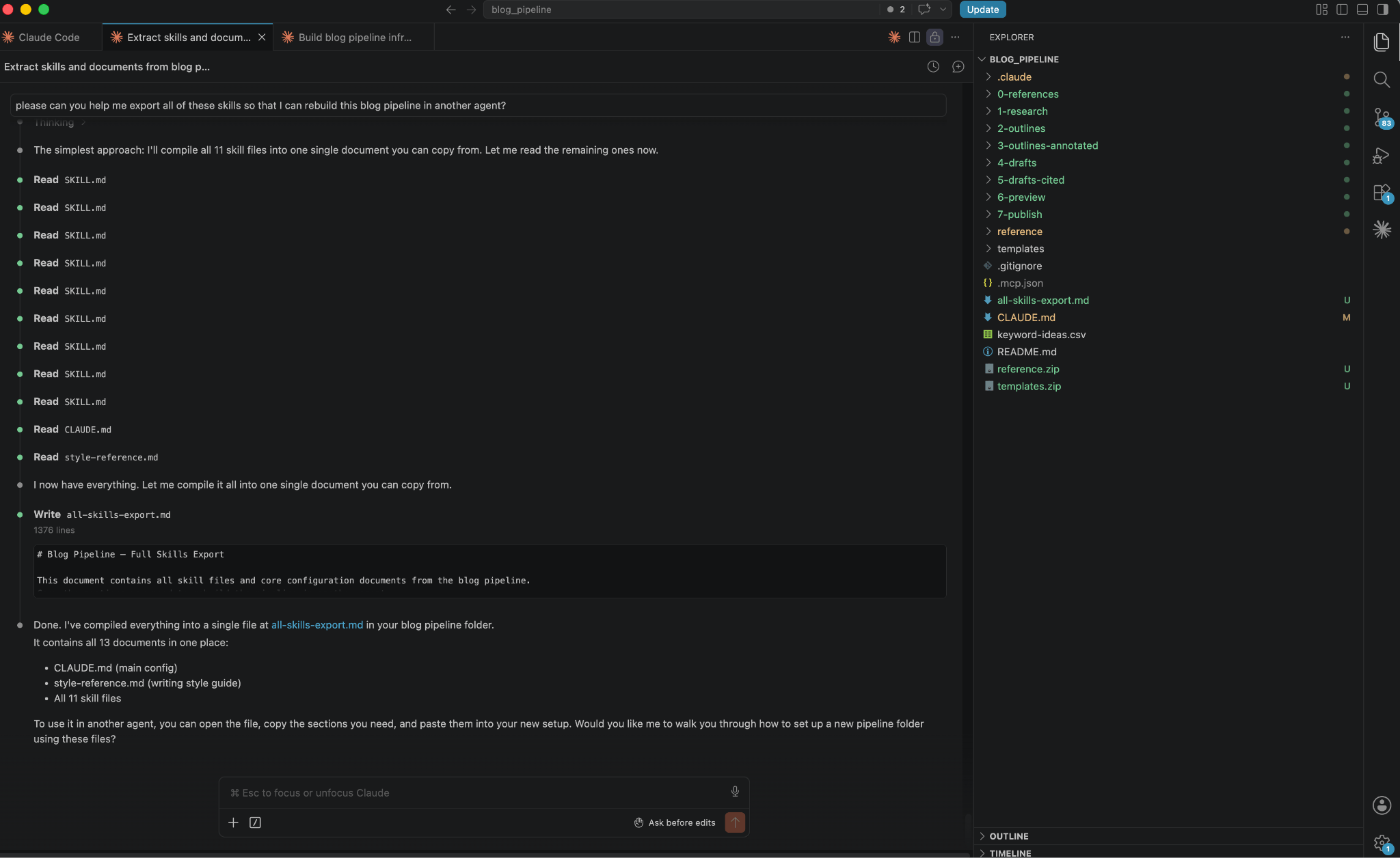 Una captura de pantalla de un entorno de programación que muestra a la IA de Claude compilando 11 archivos de habilidades, CLAUDE.md y style-reference.md en un archivo "all-skills-export.md" en el directorio "blog_pipeline".