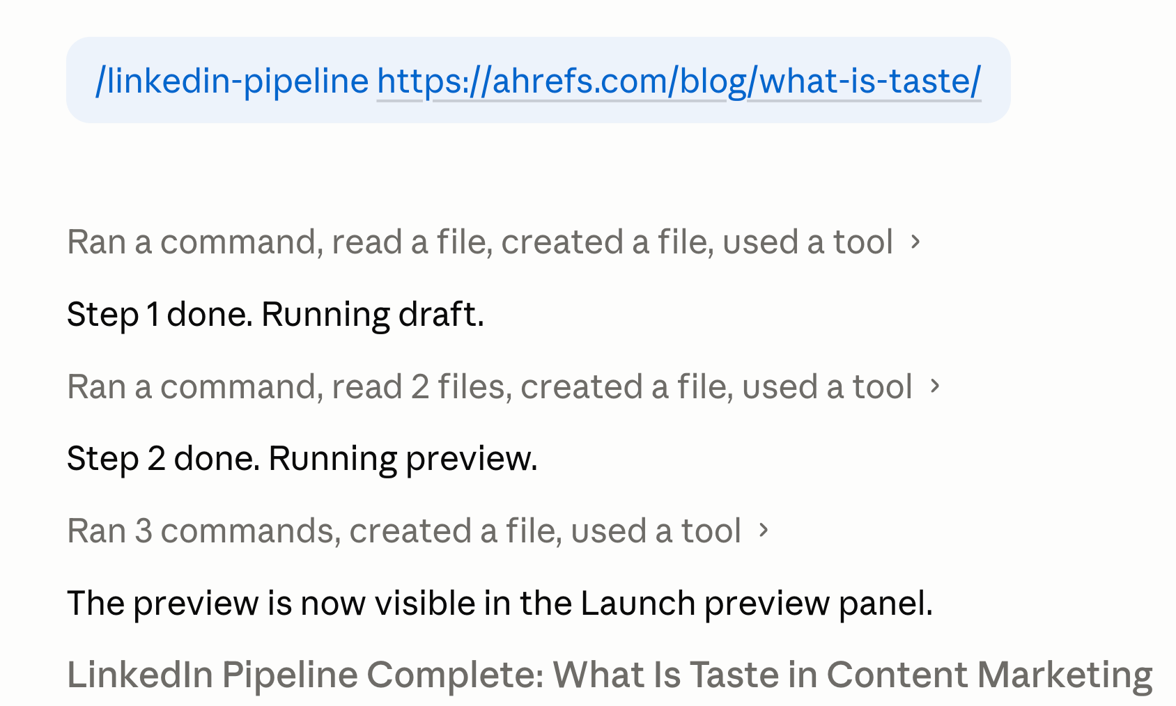 Una captura de pantalla que muestra el proceso de flujo de contenido de LinkedIn para un artículo de Ahrefs, con pasos para borrador y vista previa.