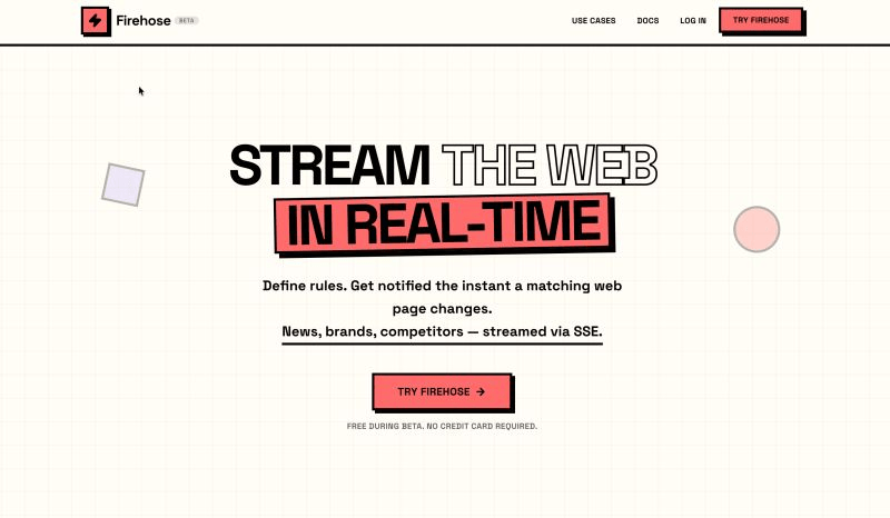 Una página de destino minimalista para "Firehose" con un fondo de cuadrícula clara. El texto anuncia "TRANSMITIR LA WEB EN TIEMPO REAL".
