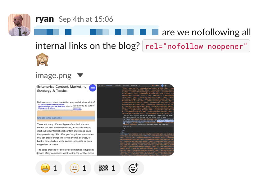 Captura de pantalla de código mostrando una regla de enlaces internos mal configurada que añade atributos nofollow