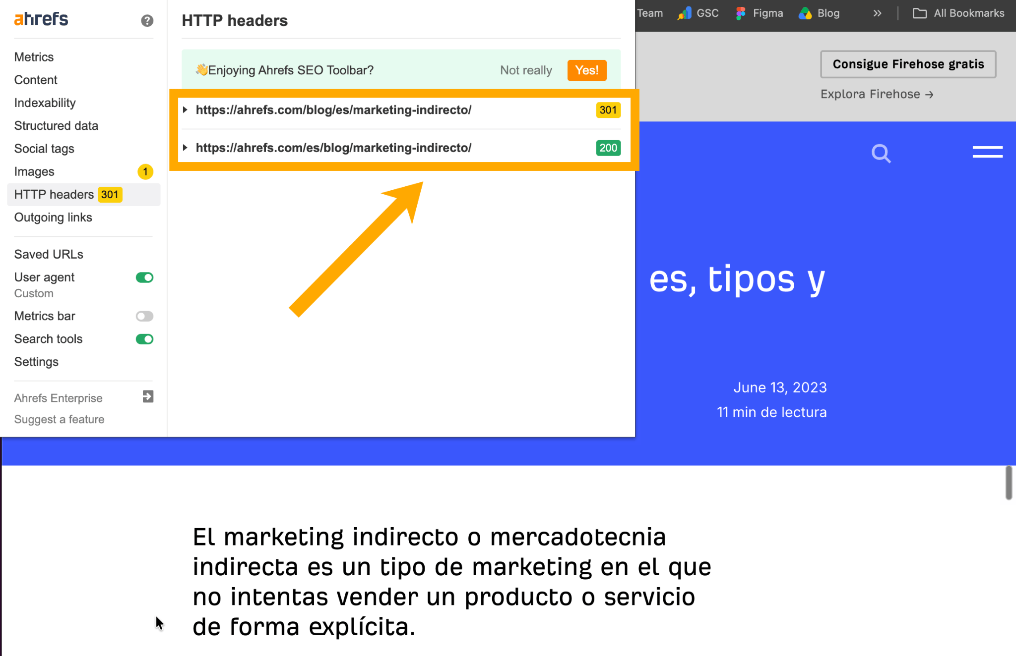 Captura de pantalla de la barra de herramientas SEO de Ahrefs verificando una redirección 301 tras una migración web