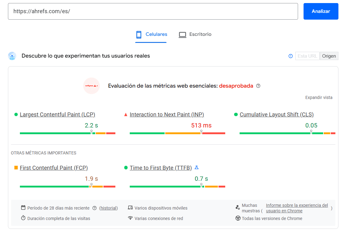 Captura de pantalla de PageSpeed Insights analizando el rendimiento de las Core Web Vitals