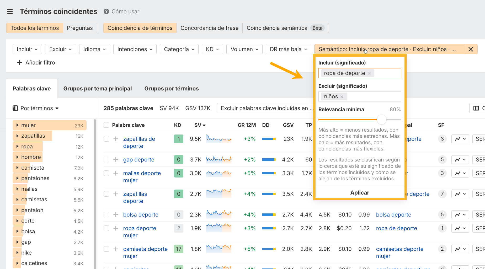 Filtro y modo de coincidencia semántica en Keywords Explorer