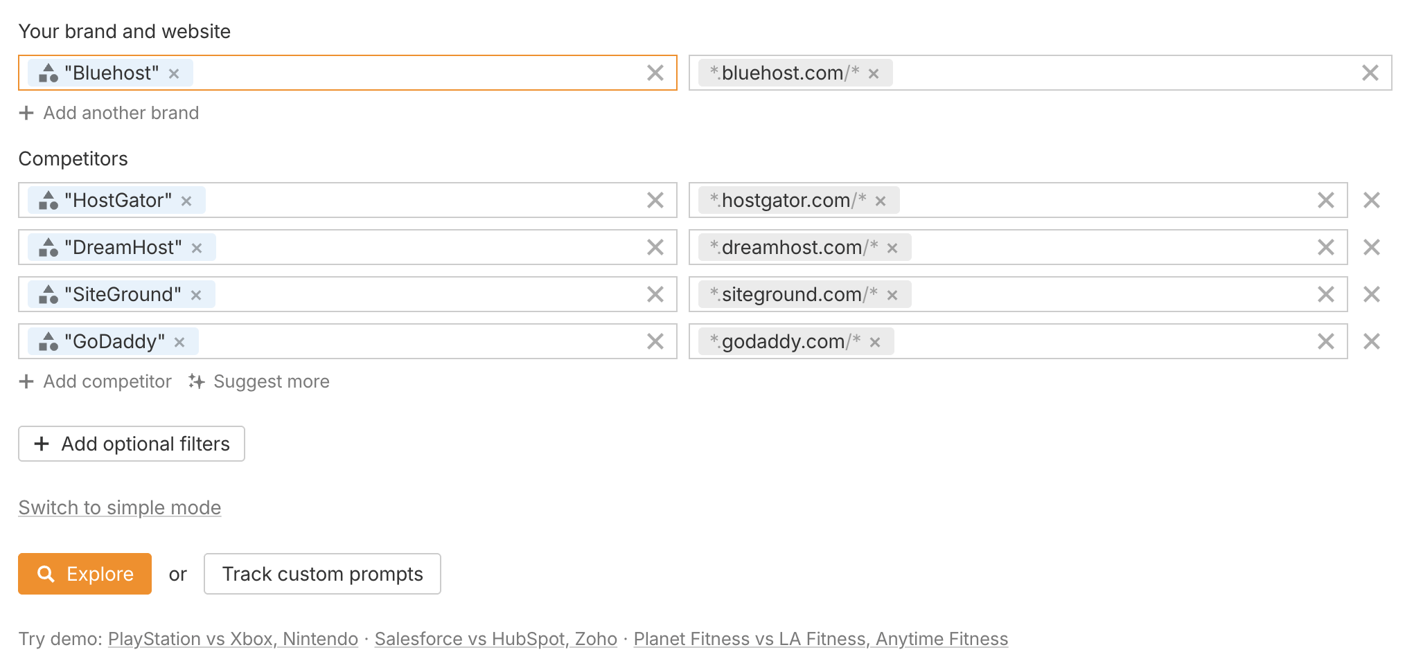 Configuración de Brand Radar de Ahrefs para Bluehost y su sitio web, con competidores sugeridos como HostGator, DreamHost, SiteGround y Hostinger.