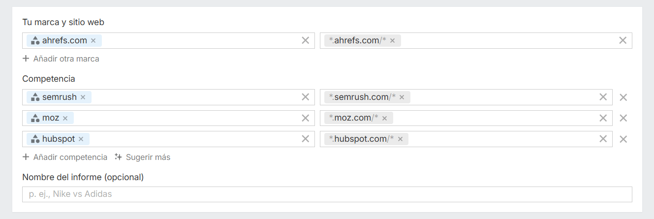 Configuración de Brand Radar que muestra Ahrefs y su sitio web, con los competidores sugeridos Semrush, Moz, HubSpot, SimilarWeb y Screaming Frog.