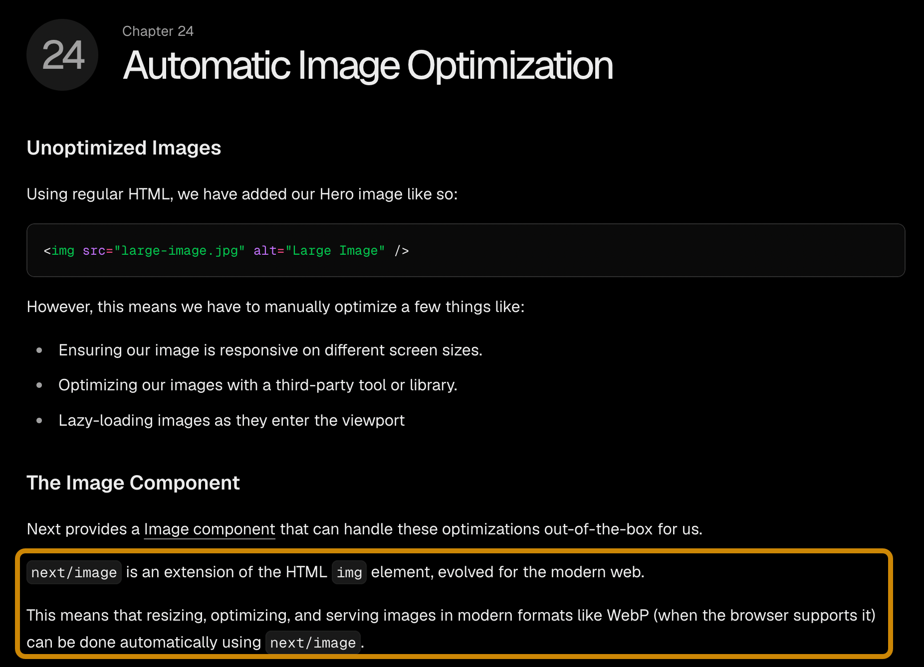 Ejemplo de código comparando la etiqueta de imagen estándar de HTML y el componente Image de Next.js