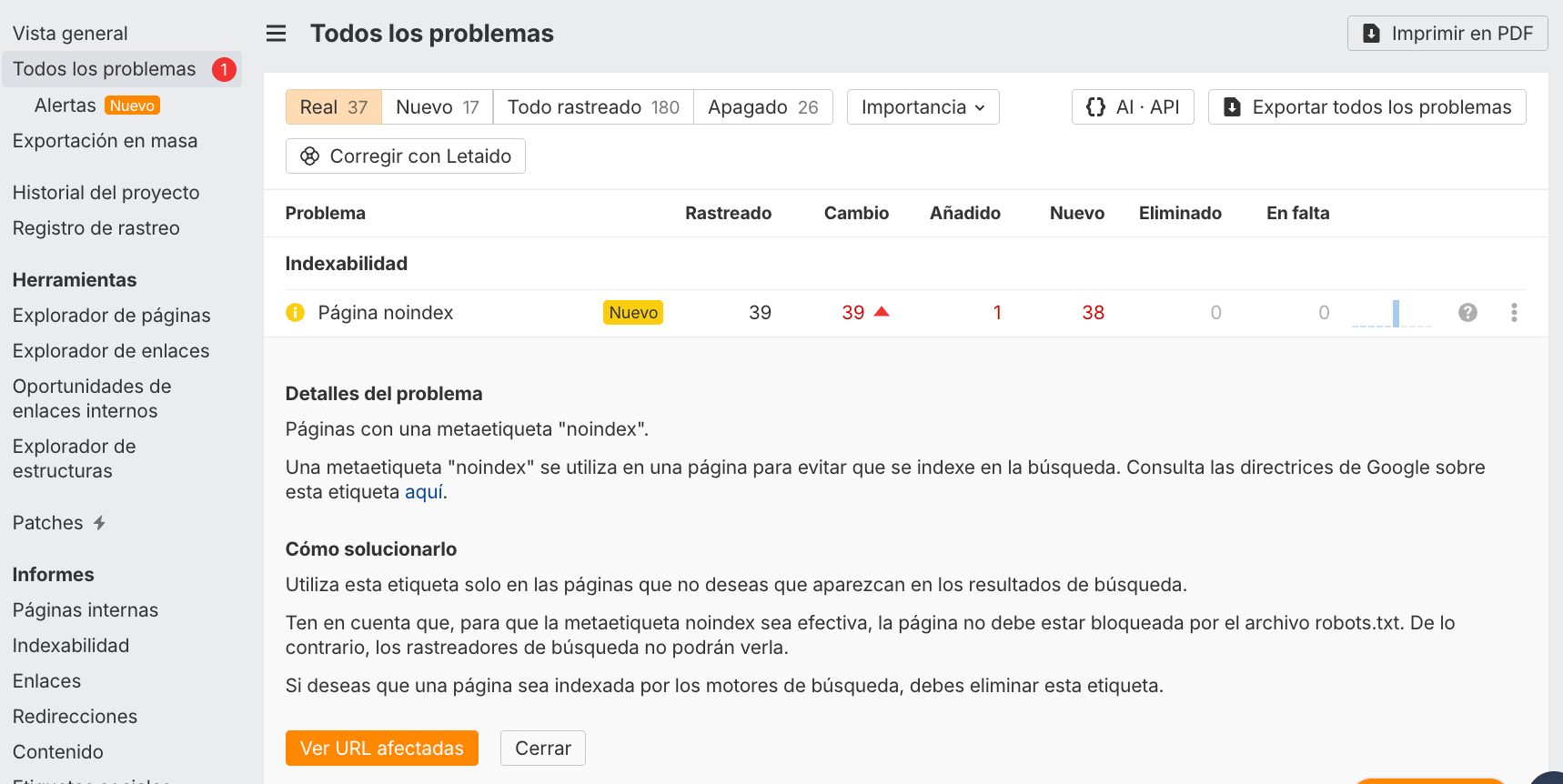 Ejemplo de problema técnico detectado por Site Audit