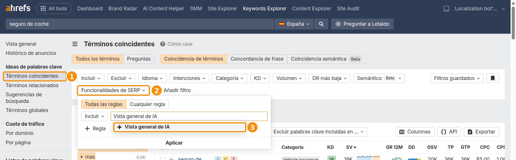 Keywords Explorer: Términos coincidentes con el filtro Funcionalidades de SERP: Vista general de IA