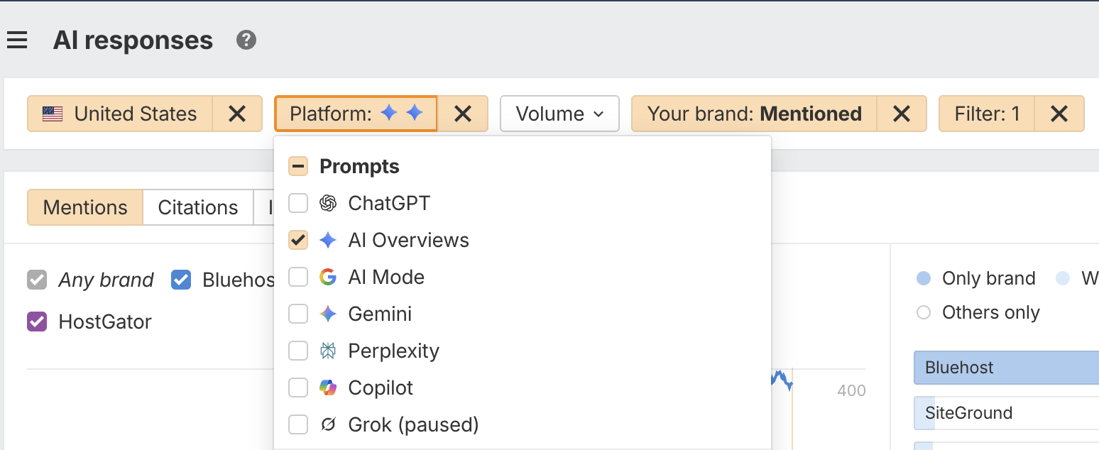Filtros del informe de Respuestas de IA de Brand Radar con las AI Overviews seleccionadas y el filtro de mención de marca activado.