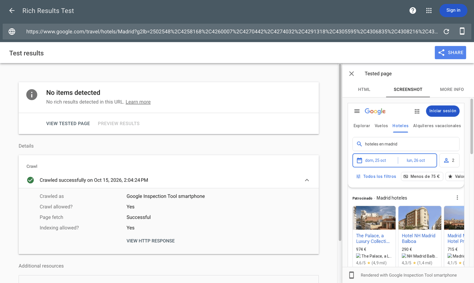 Rich Results Test de la URL compartida de Madrid: Googlebot ve 'hoteles en madrid' y anuncios de hoteles de Madrid