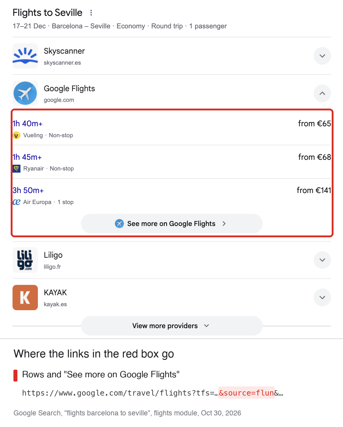 Módulo de vuelos de la búsqueda clásica para 'flights barcelona to seville' (30-10-2026). Los enlaces de la fila de Google Flights, recuadrados en rojo, llevan a Google Flights con