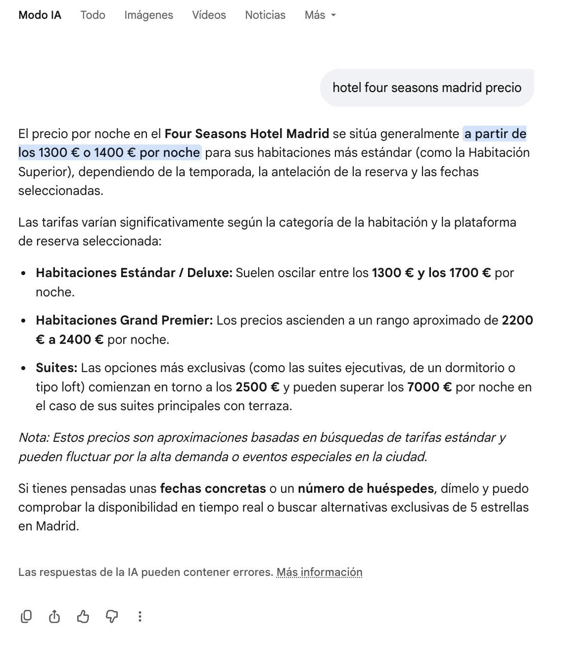 AI Mode responde a 'hotel four seasons madrid precio' con precios por noche y sin fuentes