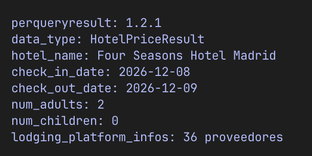 Cabecera del resultado traducida: HotelPriceResult del Four Seasons Hotel Madrid para el 8 y el 9 de diciembre con 36 webs de reserva