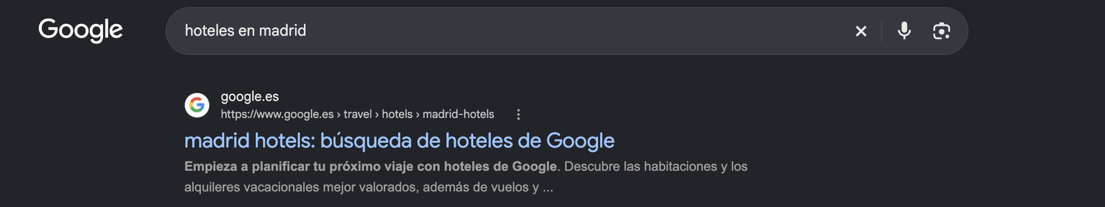 SERP de 'hoteles en madrid': google.es/travel/hotels/madrid-hotels con el title 'madrid hotels: búsqueda de hoteles de Google' y la meta description genérica