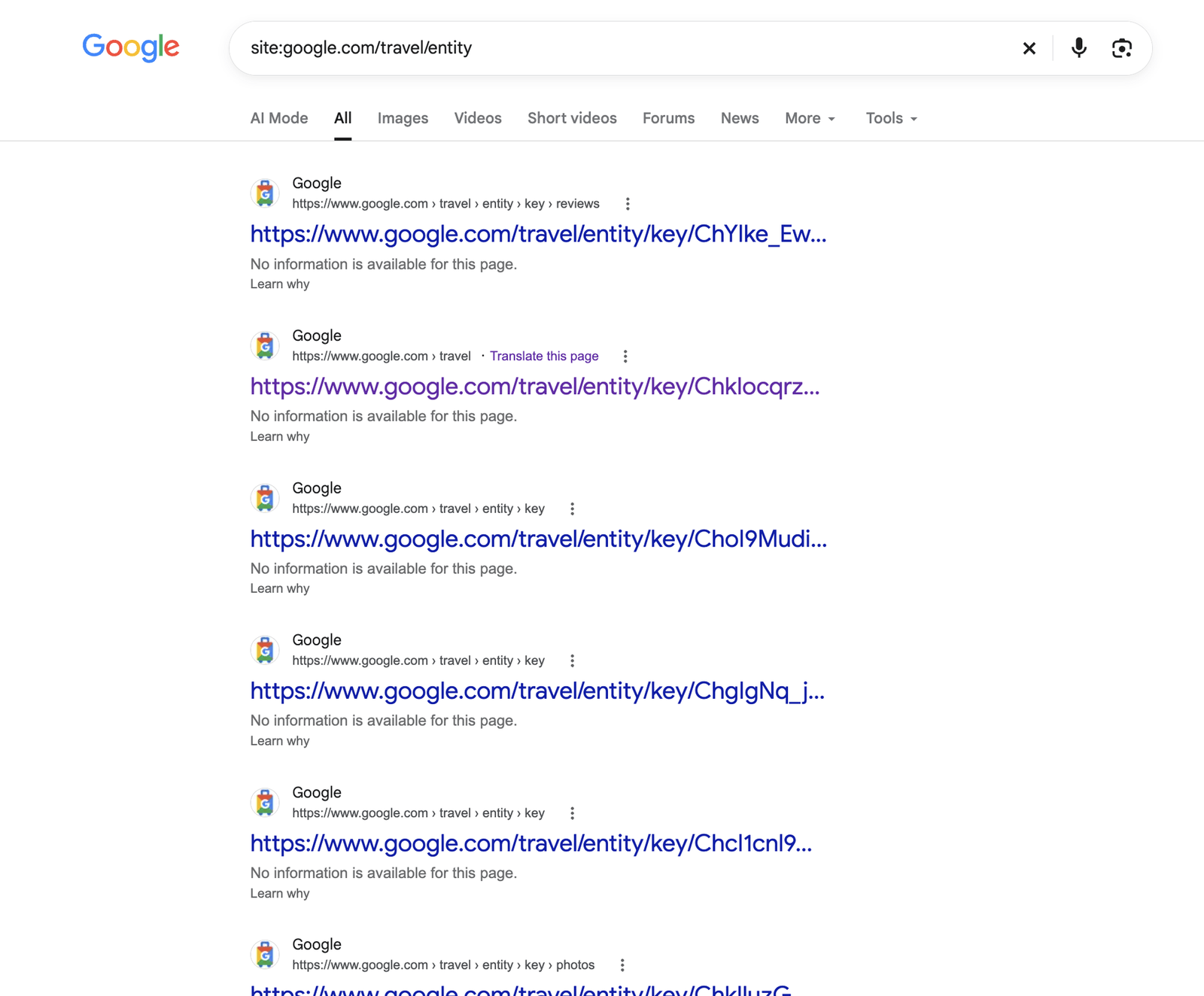 site:google.com/travel/entity: URLs /travel/entity/key/ indexadas sin descripción