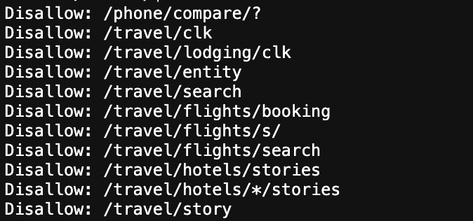 Reglas Disallow de robots.txt para /travel/