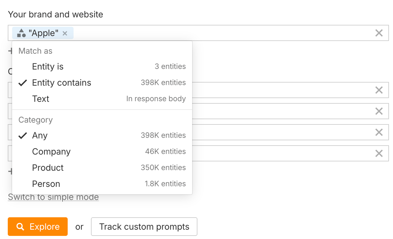 Interfaz de Brand Radar de Ahrefs que muestra un menú desplegable "Match as" para el término "Apple" con las opciones Entity is, Entity contains y Text, además de filtros de categoría para Any, Company, Product y Person con recuentos de entidades.