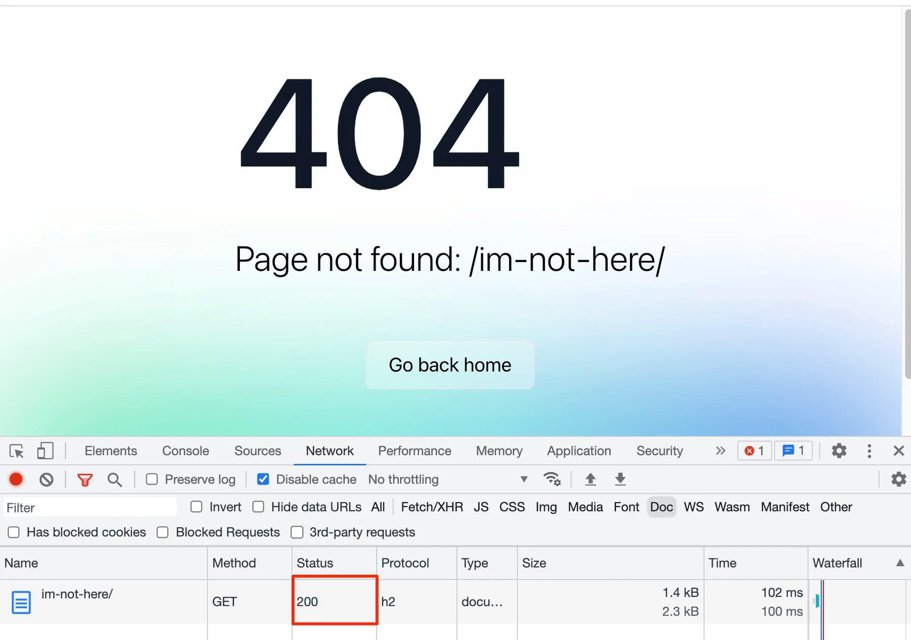 La página parece un error 404, pero la respuesta HTTP subyacente es 200.