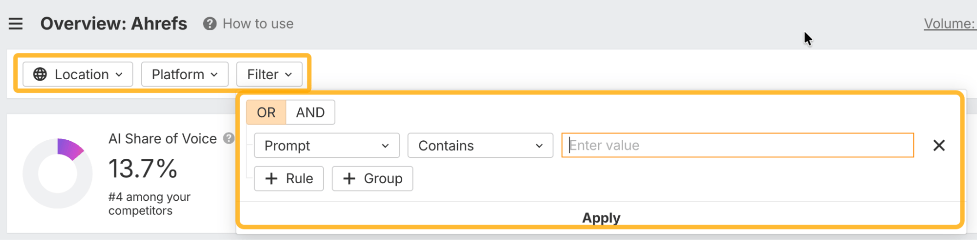 Panel de filtros de Brand Radar con una regla configurada en Prompt contains, lista para introducir un valor.