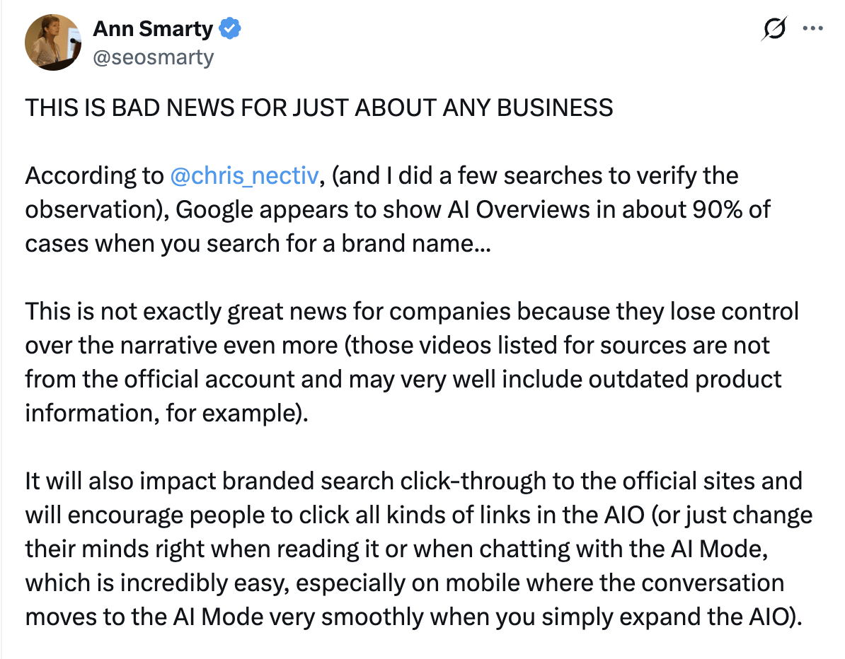 Publicación de Ann Smarty advirtiendo que las AI Overviews para búsquedas de marcas pueden citar vídeos no oficiales que contienen información desactualizada de productos.