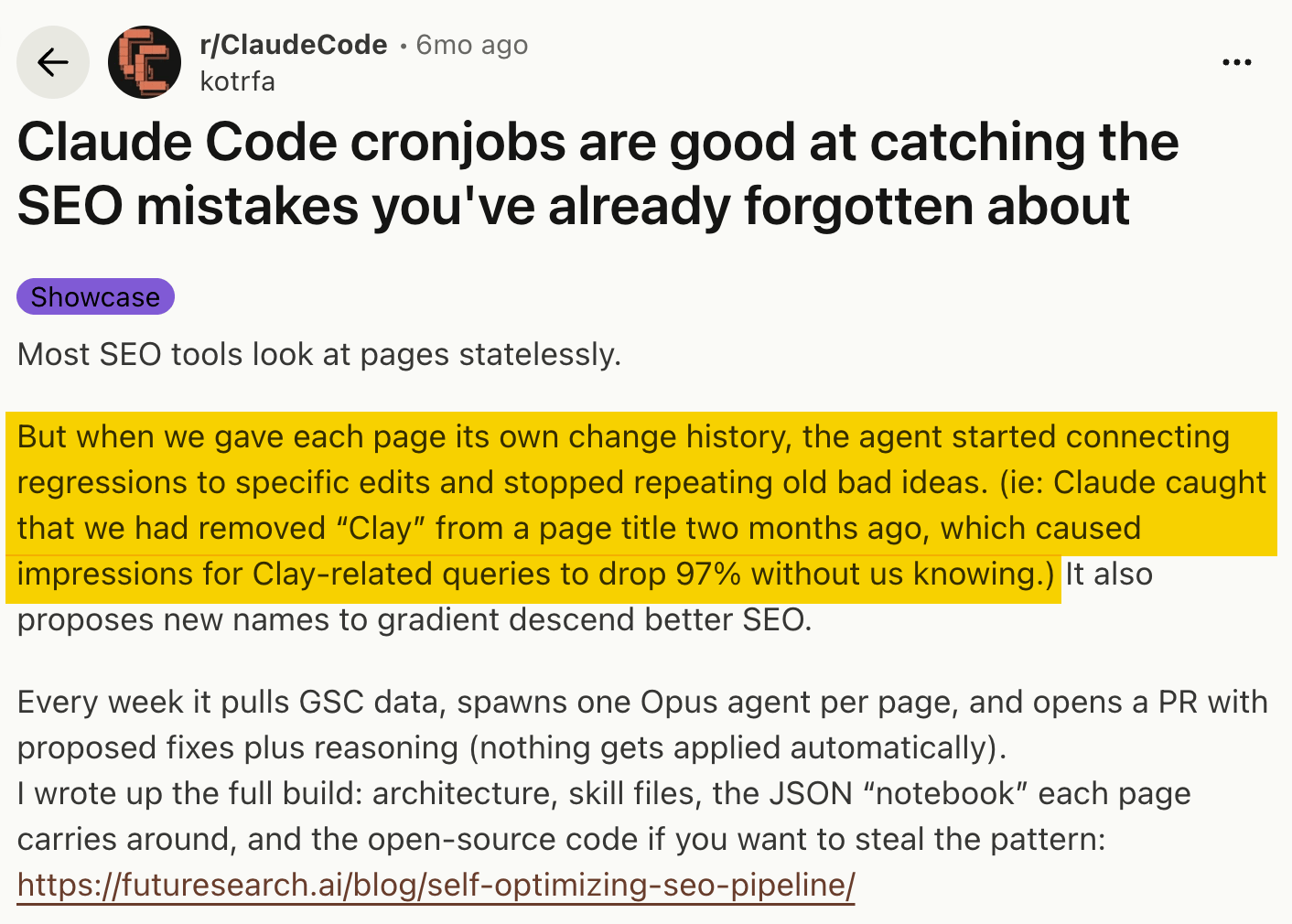 Publicación de Reddit de kotrfa en r/ClaudeCode destacando cómo Claude detectó que una palabra eliminada del título de una página había provocado una caída del 97% en las impresiones