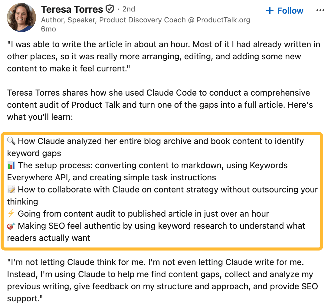 Publicación en LinkedIn de Teresa Torres describiendo el uso de Claude Code para una auditoría de contenidos, con las conclusiones clave resaltadas