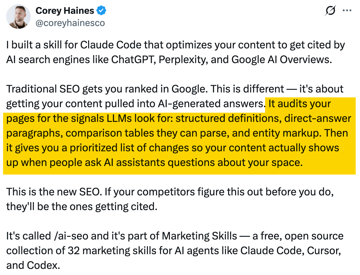 Publicación en X de Corey Haines anunciando su skill /ai-seo de Claude Code para conseguir que el contenido sea citado en la búsqueda con IA
