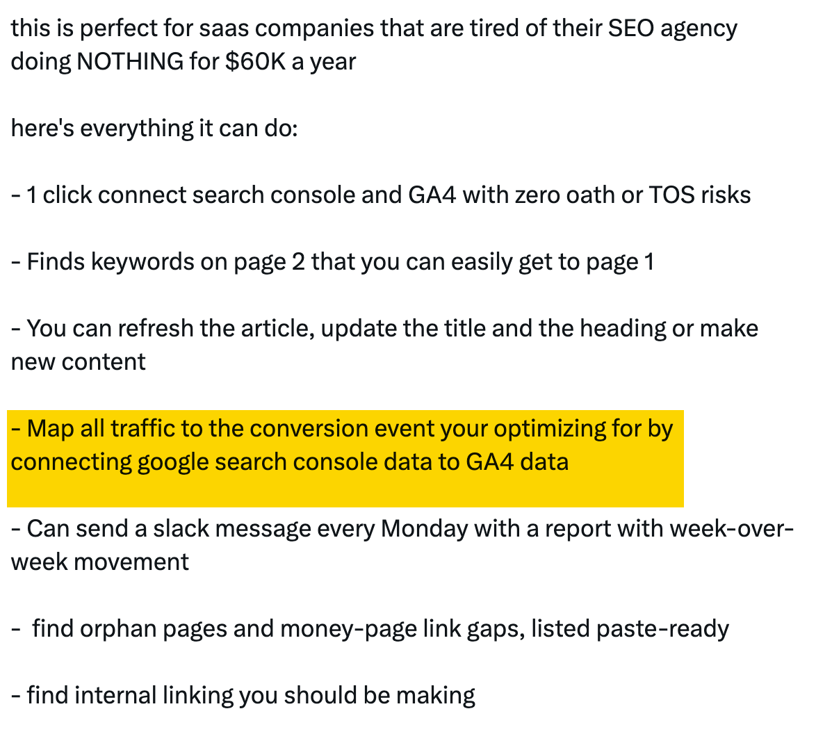 Publicación en X que enumera funcionalidades de herramientas SEO, con una línea resaltada sobre la vinculación de datos de Search Console y GA4 con eventos de conversión