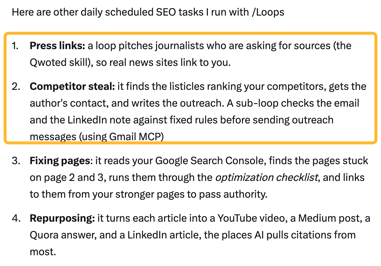 Publicación que enumera tareas diarias de SEO con /Loops, destacando los bucles de enlaces de prensa y de outreach para captar menciones de la competencia