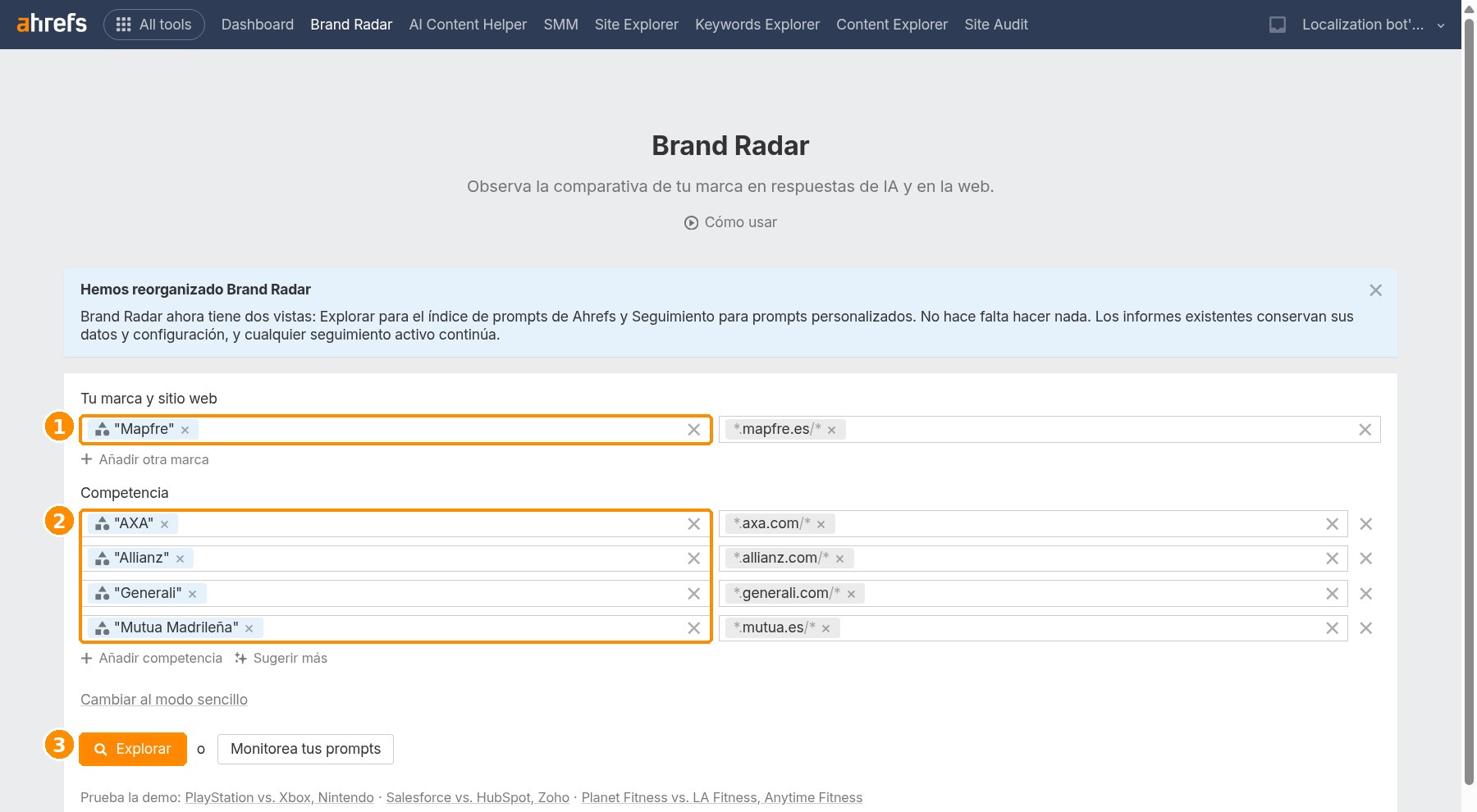 Brand Radar: configurar marca y competidores (Mapfre frente a AXA, Allianz, Generali y Mutua Madrileña)